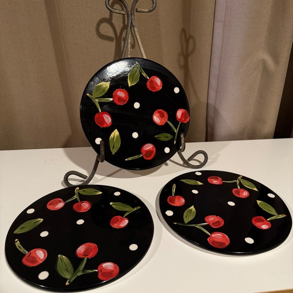 Set of 3 Hand Painted Black Cherry Dessert Appetizer Plates or Trivets - Picture 2 of 3